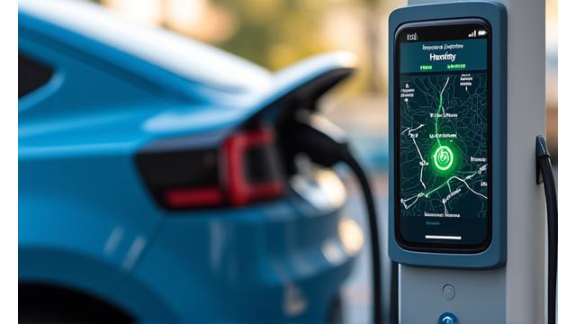 Electric car charging at a public station with a map overlay in the background